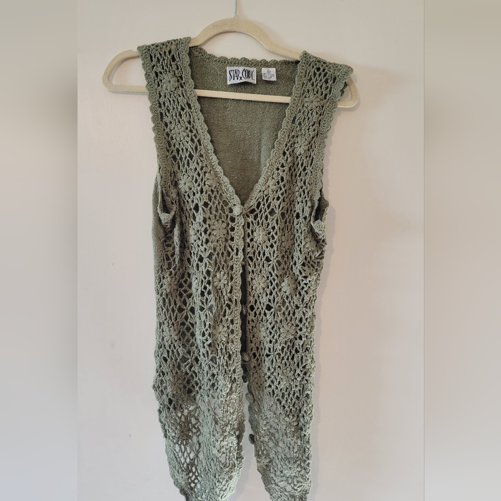 Vintage Olive V-Neck Silk And Cotton Crochet Sweater Vest